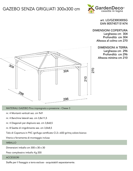 Gazebo in legno Pave/1 – 4×4 m – pareti da 70 mm